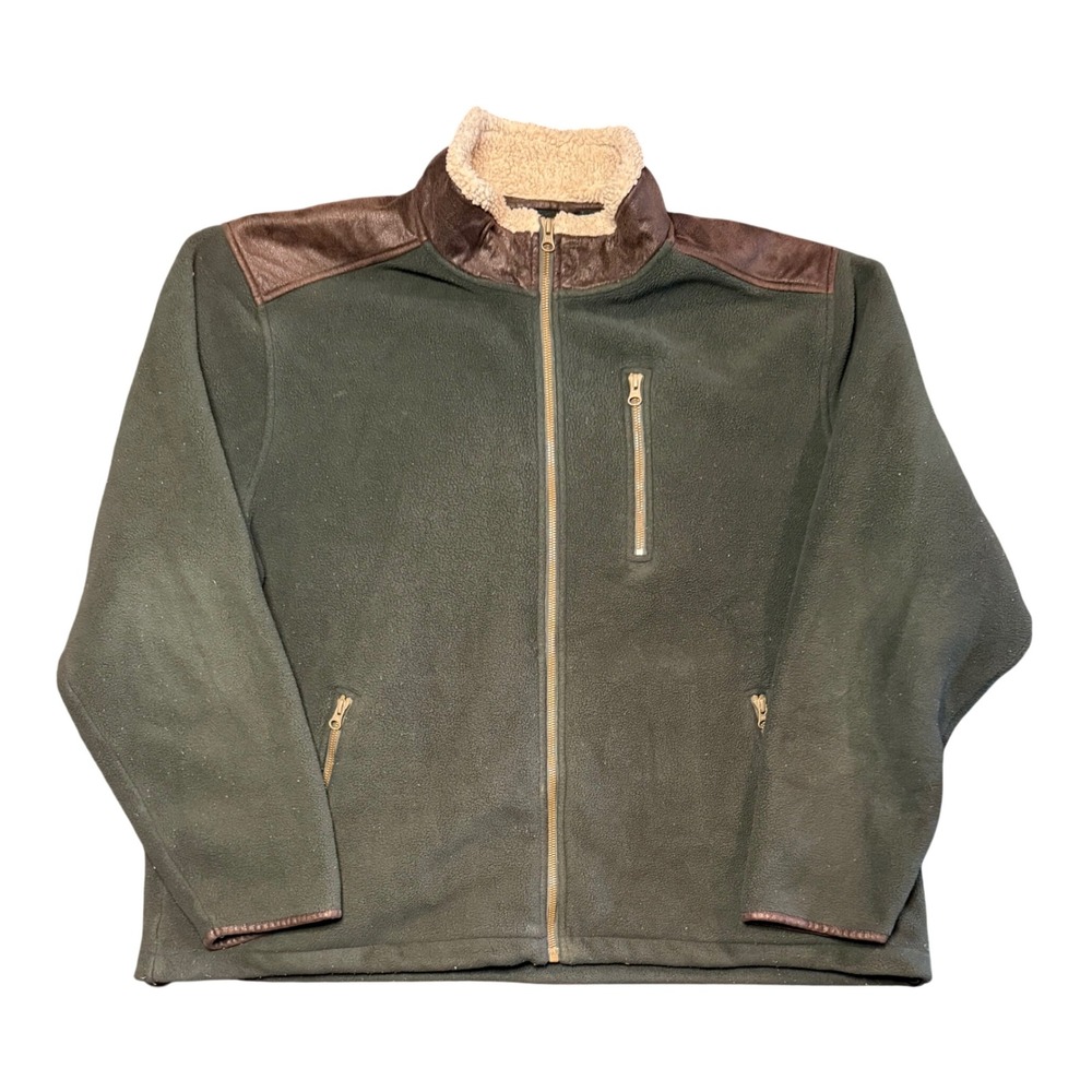 Orvis Sporting Traditions Fleece Jacket Mens XL Green Faux Leather Trim Full Zip